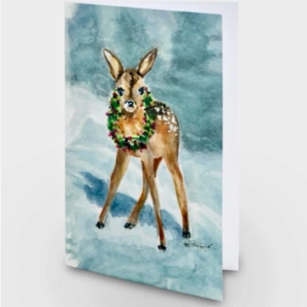 Christmas Card set of Fawn Art Painting with Wreath